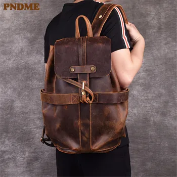 PNDME vyrų crazy horse odos kuprinė retro dizaineris aukštos kokybės natūralios odos kelioninis krepšys didelės talpos nešiojamas bagpack