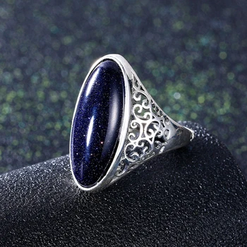 Moterų Žiedas 925 Sterlingas Sidabro Papuošalai Derliaus Mėlyna Smėlio Tuščiaviduriai Elegantiškas Žiedas Dovana Vestuvių Šalis