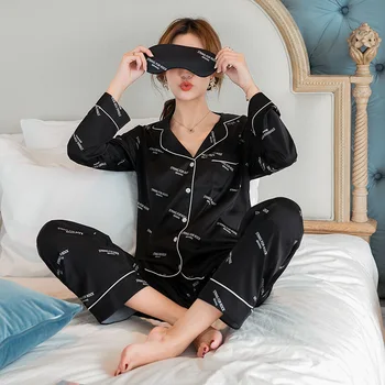 Sexy black satin ice šilko kilnus sleepwear moterų Mėgėjams pižama rinkiniai Korėja saldus ilgomis rankovėmis pižamos kelnės Vyrams