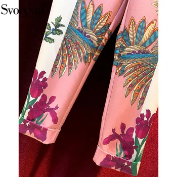 Svoryxiu Dizaineris Vintage Mados Rudens-Žiemos Dviejų dalių Komplektas Moterų Sluoksniuotos Rankovėmis Gėlių Spausdinti Nėrinių Striukė + Kelnės Twinset