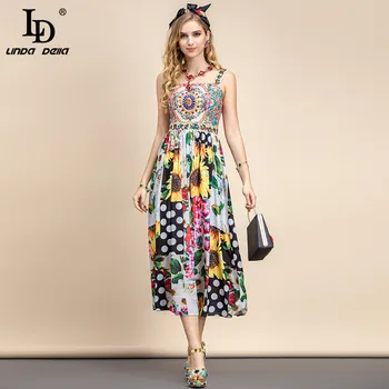 LD LINDA DELLA 2021 m. Vasaros Mados kilimo ir tūpimo Tako Atostogų Elegantiška Suknelė Moterims Spageti Dirželis Gėlių Spausdinti kratinys Šalies Midi Suknelė