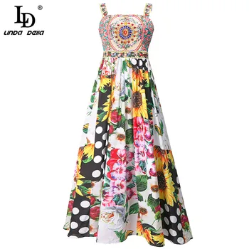 LD LINDA DELLA 2021 m. Vasaros Mados kilimo ir tūpimo Tako Atostogų Elegantiška Suknelė Moterims Spageti Dirželis Gėlių Spausdinti kratinys Šalies Midi Suknelė