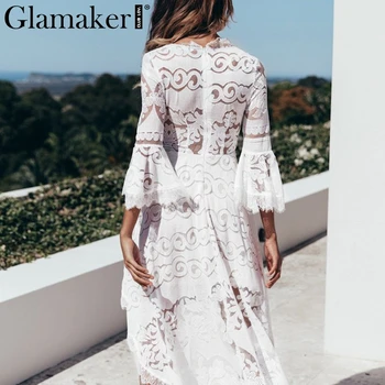 Glamaker Seksualus nereguliarus nėrinių pynimas suknelė Moterims blyksnius rankovės white beach suknelė elegantiška Moteriška šalis midi klubas vasaros suknelė 2020 m.