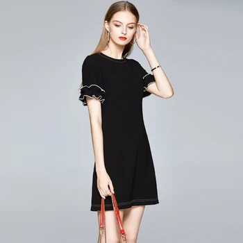 Willstage maža juoda suknelė raukiniai trumpas rankovės gryna spalva rodo, plonas a-line dresses apvalios apykaklės 2020 m. Vasaros Drabužių femal