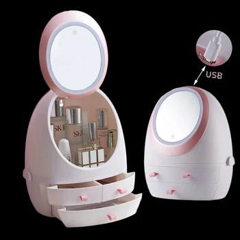 Makiažo Papuošalų Dėžutė Makiažas Organizatorius Aukštos raiškos Veidrodėliai LED Šviesos Kosmetikos, Papuošalų Laikymo DĖŽUTĖ darbalaukio stalčių saugojimo USB