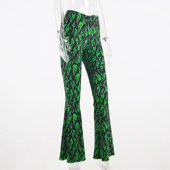 žalia gaisro spausdinti flare kelnės aukštu juosmeniu bell bottom vasaros seksualių moterų drabužių streetwear moterų punk kelnės