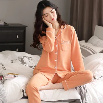 BZEL Orange Pijamas Moterų Kietas Paprasta Homewear ilgomis Rankovėmis, Ilgas Kelnes Medvilnės naktiniai drabužiai Patogiai Sleepwear Pižamos Femme 4XL