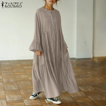 ZANZEA Moterų Sundress Elegantiškas Ilgio Sluoksniuotos Rankovėmis Flounce Maxi Suknelė 