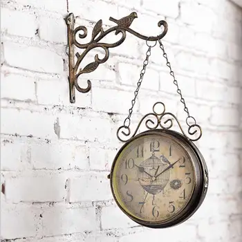 Naujoviškas Bronza, Dvipusis Sieninis Laikrodis Amerikos Šalies Stiliaus Silent Kvarcinis Laikrodis Kaustytomis Geležies Apvalus Laikrodis Kambarį Dekoro