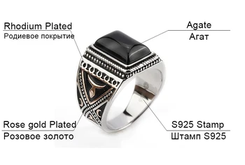 925 Sterlingas Sidabro Vyrų Žiedas su Stačiakampio Juodasis Agatas Didelis Akmuo Žiedai Vyrams Piršto Žiedą Fine Jewelry