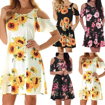 Vasaros Causual Moterų Suknelė Gėlių Spausdinti Berankovis Vasaros, O Kaklo Prarasti Mini Suknelės Beach Boho Prarasti Suknelė Sundress Vestidos