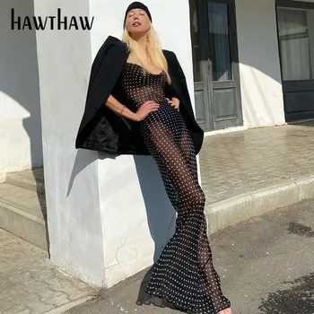 Hawthaw Moteris Rudens-Žiemos Polka Dot Backless Rankovių Matyti Per Juoda Ilga Suknelė Sundress 2020 M. Rudenį Drabužių Streetwear