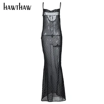 Hawthaw Moteris Rudens-Žiemos Polka Dot Backless Rankovių Matyti Per Juoda Ilga Suknelė Sundress 2020 M. Rudenį Drabužių Streetwear