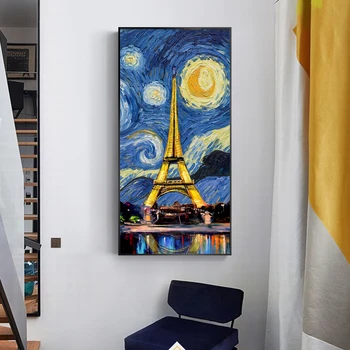 Žvaigždėtą Naktį Su Bokšto Drobė Menas, Sienų Paveikslai, Modernus Paryžiaus Pop Art Kraštovaizdžio Drobė Art Prints Cuadros Namų Sienų Dekoras