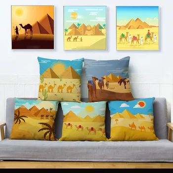 Egipto Dykumą Kupranugaris Piramidės Spausdinti Pagalvėlė Padengti Animacinių Filmų Lino Pagalvių Užvalkalus 45*45 Mesti Pagalvės Atvejais, Sofos Namų Dekoro Užvalkalas