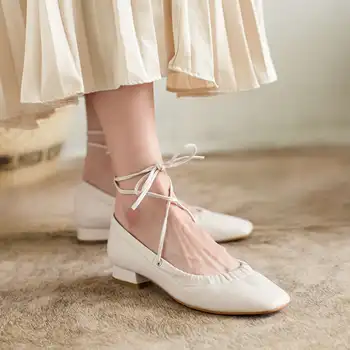 Krazing puodą mados natūralios odos mažai kulniukai kulkšnies nėrinių aikštėje kojų baleto šokėjas batai sweety gražių moterų vestuvių siurbliai, L72