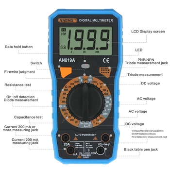 AN819A Skaitmeninis Multimetras 1999 Skaičiuoja Backlight LCD Portable Multimetras Voltmeter Ammeter AC DC Ammeter Auto Metrų Testeris