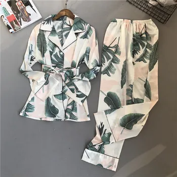 Sanderala Spausdinimo Tropinių Augalų Spausdinimo Modelis Gilia V Moterų Pižama Nustatyti Viskozė Sleepwear Ilgomis Rankovėmis Kelnės Minkštos Homewear