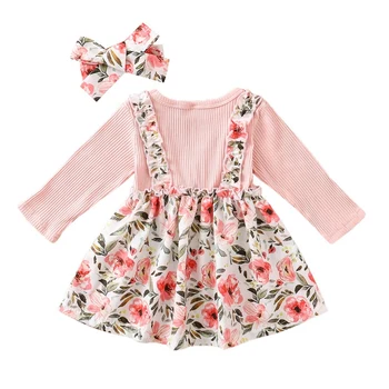Pavasarį, Rudenį Lovely Baby Vaikų Mergaičių Suknelės Ilgomis Rankovėmis Dirželis Gėlių Spausdinti Suknelė Su Lankelis Vaikus Mergina Suknelė