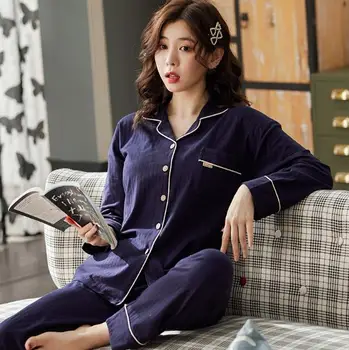 Aukštos kokybės pižama moterų medvilnės ilgomis rankovėmis atvartas sleepwear nustatyti megztinis viršuje + kelnės dviejų dalių kostiumas plius dydis pijama mujer