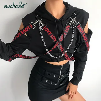 SUCHCUTE Metalo Grandinės Hoodies Moteris Su Skrybėle Gotikos Rudenį 2019 Hip-Hop Harajuku Hoodie Moterų Viršūnių Susagstomi megztiniai
