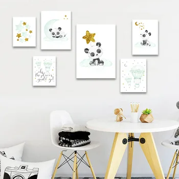 Kūdikiams, Vaikams, Drobės, Sienos Menas Spausdinti Panda Balionas Tapybos Šiaurės Šalių Vaikų Darželio Plakatas Mėtos Žalumo Dekoratyvinis Nuotrauką Vaikų Miegamojo Puošimas