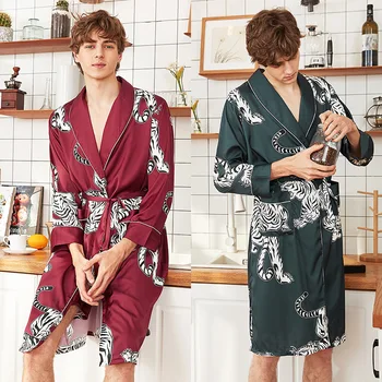 Vyrai Šilko Satino Kimono Vasarą Chalatas Raudona Tigro Kelio Ilgis ilgomis Rankovėmis Chalatas, Vonios Tamsiai Žalia Padažu Suknelė Vyrų Sleepwear