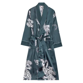 Vyrai Šilko Satino Kimono Vasarą Chalatas Raudona Tigro Kelio Ilgis ilgomis Rankovėmis Chalatas, Vonios Tamsiai Žalia Padažu Suknelė Vyrų Sleepwear