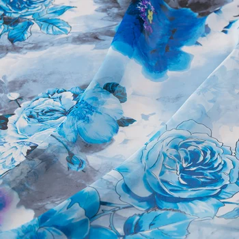 Šviesiai mėlyna atspausdintas šifono audinys gryno šilko naterail mulberry drabužių medžiagą, plotis 140cm