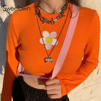 Sweetown Gėlių Spausdinti Mielas Pasėlių Top Ilgomis Rankovėmis Rudenį T Marškinėliai Moterims Oranžinės O Kaklo Atsitiktinis Pagrindinio Streetwear T-Shirt Harajuku