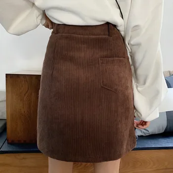 Sijonai Moterims, Mini Velvetas-Line Aukštos Juosmens Užtrauktukas Kišenės Mygtuką Kietas Paprasta Korėjos Mados Elegantiškas Streetwear Derliaus Womens