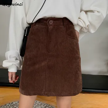 Sijonai Moterims, Mini Velvetas-Line Aukštos Juosmens Užtrauktukas Kišenės Mygtuką Kietas Paprasta Korėjos Mados Elegantiškas Streetwear Derliaus Womens