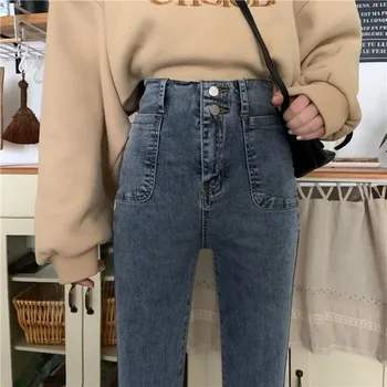 Džinsai Moterims Aukšto Juosmens Korėjos Stiliaus Kietas Streetwear Plauti Liesas Džinsinio Audinio Kelnės Moteris Tampri Moterų Kulkšnies Ilgis Slim Atsitiktinis