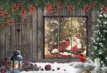 Santa Claus Fone Santa už lango Fone Medžio Namas Šeimai šalis Lyguma Scence Fone Photobooth