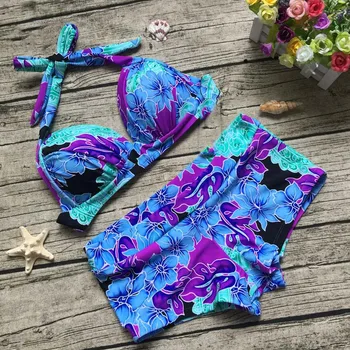 MUOLUX 2020 Moterų Bikini Komplektas Backless Gėlių Spausdinti Tankini maudymosi kostiumėlį Retro Maudymosi Kostiumą, Plius Dydis maudymosi Kostiumėliai bei kelnaitės XXXL Dviejų dalių Biquini
