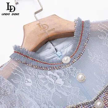 LD LINDA DELLA Dizaineris Rudens Aukštos Klasės Tvido Trumpą Suknelę Lady Mados kilimo ir tūpimo Tako Senovinių Nėrinių Kratinys ilgomis rankovėmis Mermaid Dress