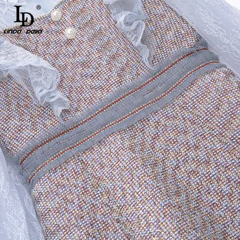 LD LINDA DELLA Dizaineris Rudens Aukštos Klasės Tvido Trumpą Suknelę Lady Mados kilimo ir tūpimo Tako Senovinių Nėrinių Kratinys ilgomis rankovėmis Mermaid Dress