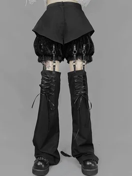 Moterys, Punk, Gothic Black Ilgai Ziajać PU odos pleistras nuimamas padirbtų dviejų dalių žibintų Išlyginimo kelnes, padalinti Capris Kelnės