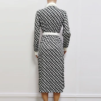 Houndstooth Moteris Suknelė 2021 M. Pavasarį Elegantiškas Prašmatnus Mygtuką Linija, Suknelės Atsitiktinis Ilgomis Rankovėmis Slim Office Ilgas Šalis Suknelė Su Diržu