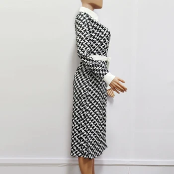 Houndstooth Moteris Suknelė 2021 M. Pavasarį Elegantiškas Prašmatnus Mygtuką Linija, Suknelės Atsitiktinis Ilgomis Rankovėmis Slim Office Ilgas Šalis Suknelė Su Diržu