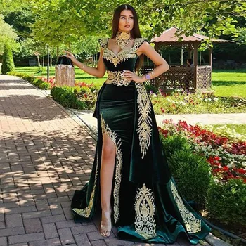 Eightale arabų vakarinę Suknelę, su Nuimamu Sijonu Dviejų dalių Žalios Marokas Kaftan Undinė Aukšto Kaklo Aksomo Prom Šalis Suknelė