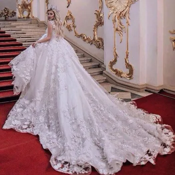 Spalvingas Saudo Arabija Vestido De Noiva 3D Gėlių Nėrinių Kamuolys Chalatai vestuvės suknelės Casamento Royal Traukinio Kristalų Derliaus