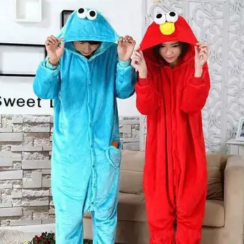 Mėlyna Cookie Monster Raudona Sesame Street Elmo Onesies Gyvūnų Cosplay Kostiumų Pižama Suaugusiųjų Vienas Gabalas Pižamos Gobtuvu Sleepwear