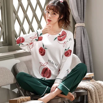 Korėjos Medvilnės Kawai Moterų Pižama Apvalios Kaklo Animacinių Filmų Print Long Sleeve T-Shirt Tiesios Kelnės Namų Komfortą Moterų Naktiniai Drabužiai