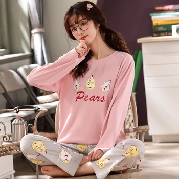 Korėjos Medvilnės Kawai Moterų Pižama Apvalios Kaklo Animacinių Filmų Print Long Sleeve T-Shirt Tiesios Kelnės Namų Komfortą Moterų Naktiniai Drabužiai