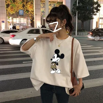 Disney trumpomis Rankovėmis Moterims marškinėliai Mickey Mouse Animacinių filmų Topai Tees Vasaros Blizgučiais Harajuku O Moterų-kaklo Drabužius Lady T-shirts