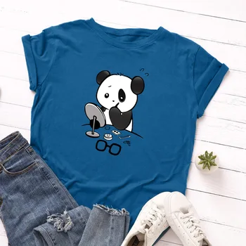 JFUNCY Vasaros Moterų Marškinėliai Panda Įdėti Makiažo Mados Moterų marškinėliai Medvilnė, O-Kaklo trumpomis Rankovėmis Marškinėliai Naują Atsitiktinis Viršūnės