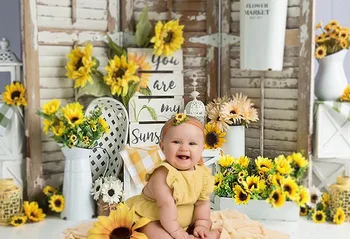 Mehofond 1-ojo Gimtadienio Fotografijos Foną, Medinės Durys Saulėgrąžų Gėlių Gimtadienio Baby Shower Dekoro Fonas Foto Studija