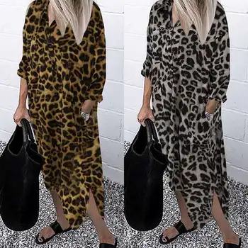 Leopardas Spausdinti Marškinėliai Suknelė Moterų Pavasario Sundress ZANZEA Mados Atsitiktinis ilgomis Rankovėmis Midi Vestidos Moterų Mygtuką Drabužius, Plius Dydis