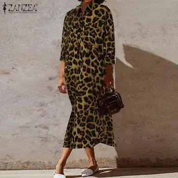Leopardas Spausdinti Marškinėliai Suknelė Moterų Pavasario Sundress ZANZEA Mados Atsitiktinis ilgomis Rankovėmis Midi Vestidos Moterų Mygtuką Drabužius, Plius Dydis